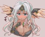  1girl bare_shoulders between_breasts blue_eyes blush breast_hold breasts bridal_gauntlets circlet cleavage collarbone dark_angel_metatron_(p&amp;d) dark_skin deep_skin feathered_wings finger_to_mouth head_wings large_breasts long_hair marshmallow_mille pen puzzle_&amp;_dragons silver_hair simple_background solo tears wavy_hair wavy_mouth wings 