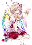  1girl adapted_costume blonde_hair bow flandre_scarlet ginzuki_ringo hair_bow hair_ornament highres pink_eyes puffy_short_sleeves puffy_sleeves sash shirt short_sleeves sitting skirt skirt_set solo touhou vest wariza wings wrist_cuffs 