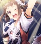  1girl ahoge arm_up blush bow brown_hair bust double_bun gloves idol kantai_collection maruki_(punchiki) microphone naka_(kantai_collection) neckerchief one_eye_closed open_mouth sailor_collar short_twintails singing solo sparkle twintails twitter_username violet_eyes white_bow white_gloves 