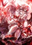  1girl bat bat_wings bloomers blue_hair fangs full_moon hat hat_ribbon juliet_sleeves kozou_(soumuden) long_sleeves looking_at_viewer mob_cap moon open_mouth puffy_sleeves red_eyes red_shoes remilia_scarlet ribbon sash scarlet_devil_mansion shoes silver_hair smile solo touhou underwear upside-down wings 