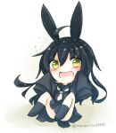  1girl animal_ears black_hair chibi kantai_collection long_hair mikazuki_(kantai_collection) rabbit_ears school_uniform serafuku sleeves_past_wrists yellow_eyes yonerinoko_(banberabu) 