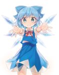  1girl blue_dress blue_eyes blue_hair bow cirno dress hair_ornament hair_ribbon highres ice ice_wings looking_at_viewer outstretched_arms puffy_sleeves ribbon shinoba short_sleeves simple_background smile solo touhou white_background wings 