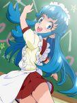  1girl :d alternate_costume apron blue_eyes blue_hair chalkboard enmaided happinesscharge_precure! long_hair looking_back maid maid_headdress open_mouth pose precure red_skirt school_uniform shirayuki_hime shirt skirt smile solo tj-type1 