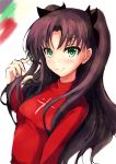  1girl blush bow brown_hair bust fate/stay_night fate_(series) green_eyes hair_bow kanogi looking_at_viewer sketch smile solo tohsaka_rin toosaka_rin two_side_up 