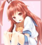  :o ahoge bare_legs blush brown_eyes brown_hair fang hug huge_ahoge kantai_collection kuma_(kantai_collection) long_hair looking_at_viewer maruki_(punchiki) sailor_collar school_uniform serafuku shorts sitting stuffed_animal stuffed_toy teddy_bear 