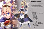  1girl blonde_hair breasts character_name long_hair original smile solo sword t.a.k. translation_request weapon 