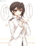  1girl admiral_(kantai_collection)_(cosplay) breasts brown_eyes brown_hair cosplay kaga_(kantai_collection) kantai_collection kasu_(return) long_sleeves military military_uniform short_hair side_ponytail solo translation_request uniform 