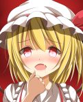  1girl arm_at_side asymmetrical_hair asymmetrical_wings blonde_hair commentary_request crazy_eyes drooling fang flandre_scarlet hand_to_own_mouth highres kuroganeruto looking_at_viewer mob_cap open_mouth portrait pov pov_eye_contact red_eyes shaded_face side_ponytail solo touhou wings yandere 