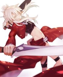  1girl archer dual_wielding fate/kaleid_liner_prisma_illya fate/stay_night fate_(series) illyasviel_von_einzbern kanshou_&amp;_bakuya long_hair midriff prisma_illya revision shinooji solo sword weapon white_hair yellow_eyes 