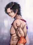  1boy abs back_tattoo beads black_hair brown_eyes bust elbow_pads freckles highres looking_back male muscle one_piece portgas_d_ace prayer_beads rain shirtless short_hair smile solo tattoo yumiyokiak 
