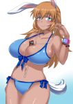  1girl animal_ears between_breasts bikini blue_bikini blue_bow blue_eyes blush bow bracelet breasts bunny_tail charlotte_e_yeager cleavage collarbone digital_media_player earphones earphones gradient_hair highres jewelry large_breasts long_hair looking_at_viewer maru_(maruttona) mound_of_venus multicolored_hair navel orange_hair rabbit_ears side-tie_bikini smile solo strike_witches swimsuit tail tan tanline wristband 