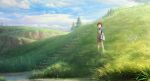  1girl anna_(omoide_no_marnie) blue_sky brown_hair clouds fence flower grass hill looking_afar nababa omoide_no_marnie outdoors overalls river scenery short_hair sketchbook sky standing tree turtleneck water wooden_fence 