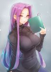  1girl book breasts covered_navel fate/stay_night fate_(series) glasses highres impossible_clothes large_breasts long_hair long_sleeves looking_at_viewer purple_hair rider sketch solo taishi_(picchiridou) very_long_hair violet_eyes 