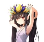  1girl arms_up bare_shoulders black_hair blush emia_(castilla) flower hair_flower hair_ornament haori headpiece japanese_clothes long_hair puzzle_&amp;_dragons red_eyes simple_background small_breasts solo sweatdrop very_long_hair white_background yomi_(p&amp;d) 