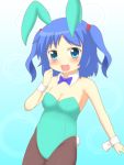  1girl animal_ears aqua_eyes bare_arms bare_shoulders black_legwear black_ribbon blue_eyes blue_hair blue_ribbon blush breasts bubble bunny_girl bunny_tail bunnysuit choker circle cleavage gradient gradient_background hair_bobbles hair_ornament hand_to_own_mouth kawashiro_nitori leotard looking_at_viewer neck_ribbon open_mouth pantyhose rabbit_ears ribbon short_hair smile solo tail touhou twintails wrist_cuffs 