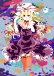  1girl blonde_hair hat hat_ribbon hazuki_shino long_hair ribbon sash solo touhou violet_eyes wavy_mouth yakumo_yukari 