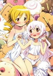  2girls absurdres artist_request bare_shoulders barefoot blonde_hair blush brown_eyes drill_hair hair_ornament hair_ribbon highres holding_hands long_hair mahou_shoujo_madoka_magica midriff momoe_nagisa multiple_girls navel open_mouth panties pillow pink_hair ribbon scan sitting smile tomoe_mami twin_drills underwear wariza yellow_eyes 