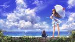  1girl brown_hair cat clouds dress long_hair miyai_haruki ocean original parasol scenery sky solo umbrella 