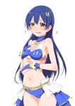  1girl alternate_costume bare_shoulders blue_gloves blue_hair blush bridal_gauntlets brown_eyes clearite cowboy_shot flying_sweatdrops gloves hair_ornament hand_on_own_chest hand_on_own_stomach long_hair looking_at_viewer love_live!_school_idol_project navel solo sonoda_umi stomach transparent_background 