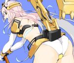  1girl ass back bare_shoulders blue_background blue_hair bracer choker elbow_gloves excavator from_behind gloves gradient_hair headgear leaning leaning_forward long_hair looking_back machinery manabebebe mini_excavator_(ole_tower) multicolored_hair ole_tower open_mouth panties pink_hair simple_background solo tail underwear very_long_hair white_gloves white_panties yellow_eyes 