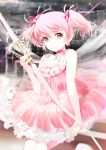  119 1girl bare_shoulders bow_(weapon) brooch choker dress hair_ribbon highres jewelry kaname_madoka looking_at_viewer mahou_shoujo_madoka_magica pink_dress pink_eyes pink_hair ribbon short_twintails smile solo twintails weapon wings 