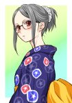  1girl black_hair blush glasses japanese_clothes kimono kouda_tomohiro obi original ponytail red_eyes sash scrunchie short_ponytail solo yukata 