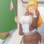  1girl adjusting_glasses aratama_(a-tama) blonde_hair blue_eyes braid breasts chalkboard commentary_request female french_braid glasses heart holding holding_panties large_breasts lips miniskirt original panties parted_lips pink_panties plump pointer skirt solo teacher underwear 