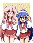  2girls blue_hair double_v glasses green_eyes izumi_konata long_hair lucky_star mizushima_(p201112) multiple_girls pink_hair school_uniform serafuku smile takara_miyuki v violet_eyes 