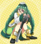  1girl ankle_boots blush boots braid dress glasses green_hair hairband knees_together_feet_apart knees_touching long_hair long_sleeves looking_at_viewer nakagome_yuki ole_tower red_eyes smile socket socket_wrench socket_wrench_(ole_tower) solo squatting twin_braids very_long_hair 