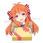  1girl bow gekkan_shoujo_nozaki-kun gift hair_bow incoming_gift open_mouth orange_hair polka_dot polka_dot_bow sakura_chiyo smile sweater valentine violet_eyes yurichika_(pixiv3221904) 