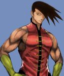  1boy bridal_gauntlets brown_hair chinese_clothes elbow_gloves fringe gloves goat_(121516haihun) hair_over_one_eye hands_on_hips muscle sleeveless solo street_fighter yang_lee 