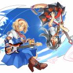  2girls alice_margatroid blonde_hair blue_eyes capelet citolo dress electric_guitar fingerless_gloves gloves grin guitar horns instrument kijin_seija multicolored_hair multiple_girls red_eyes shanghai_doll smile streaked_hair touhou upside-down 