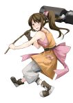  1girl bare_shoulders belt blush bow brown_hair gintenko gloves hair_ornament hair_ribbon hair_stick hammer hammer_(ole_tower) highres holding holding_weapon huge_weapon long_hair ole_tower open_mouth overalls pants pink_bow ponytail ribbon simple_background single_glove solo weapon white_background yellow_eyes 