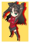  1girl black_hair bow chibi crossed_arms fate/stay_night fate_(series) full_body green_eyes hair_bow kouda_tomohiro long_hair smile solo standing thigh-highs tohsaka_rin toosaka_rin twintails zettai_ryouiki 