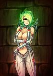  1girl bare_shoulders bfg_9000 bodysuit breasts center_opening cleavage doom_(game) elbow_gloves fingerless_gloves gloves glowing glowing_hair green_eyes hair_over_one_eye holding_arm large_breasts monorus personification red_eyes revealing_clothes revision short_hair solo 