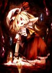  1girl :d ascot blonde_hair fami_(yellow_skies) flandre_scarlet frilled_skirt frills hat hat_ribbon highres kneeling mob_cap open_mouth puffy_short_sleeves puffy_sleeves ribbon short_hair short_sleeves side_ponytail skirt smile touhou vest wings 