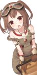  1girl artist_request brown_hair closed_eyes gloves goggles highres looking_at_viewer ole_tower open_mouth overalls rammer_(ole_tower) short_hair simple_background solo strap_slip 