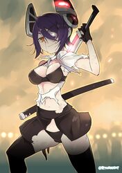  1girl black_bra black_gloves black_legwear black_panties bra breasts eyepatch gloves headgear highres kantai_collection naitou_ryuu over_shoulder panties purple_hair scabbard sheath short_hair skirt smirk solo sword tenryuu_(kantai_collection) thigh-highs torn_clothes underwear weapon weapon_over_shoulder yellow_eyes 