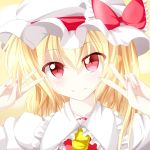  1girl ascot asymmetrical_hair blonde_hair bust dei_(dirmu) double_v dress flandre_scarlet hair_between_eyes highres looking_at_viewer mob_cap portrait pov pov_eye_contact puffy_short_sleeves puffy_sleeves red_dress red_eyes short_hair short_sleeves side_ponytail smile solo touhou v 