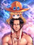  1boy 1girl beads black_hair blonde_hair blue_eyes clouds cloudy_sky dress freckles frown grey_eyes hat head_on_head highres moda one_piece portgas_d_ace prayer_beads shirtless shooting_star sky sleeveless star_(sky) starry_sky tattoo yumiyokiak 