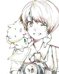  1girl :d ;d bust camera crossover dangan_ronpa freckles kisa_(kisa-kisa5900) koizumi_mahiru looking_at_viewer muted_color on_shoulder open_mouth pokemon shaymin short_hair simple_background smile super_dangan_ronpa_2 white_background wink 