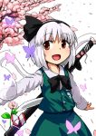  1girl bow bowtie butterfly cheery_tree cherry_blossoms flower gerijita hair_bow hairband katana konpaku_youmu konpaku_youmu_(ghost) long_sleeves looking_at_viewer open_mouth outstretched_arms petals sheath sheathed short_hair silver_hair simple_background skirt skirt_set solo spread_arms sword touhou weapon white_background 