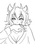  1girl animal_ears biting biting_hand breasts chupacabra cleavage fangs horns monochrome monorus monster_girl original personification poncho short_hair sketch solo_focus 