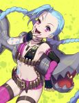  1000marie 1girl bazooka belt blue_hair braid fingerless_gloves gloves jinx_(league_of_legends) league_of_legends long_hair looking_at_viewer nail_polish open_mouth pink_eyes short_shorts shorts single_thighhigh solo tattoo thigh-highs twin_braids twintails weapon 