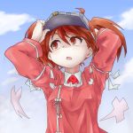  1girl arms_up blue_sky brown_eyes brown_hair bust hand_on_own_head hat_tip highres japanese_clothes kantai_collection kariginu long_sleeves magatama onmyouji open_mouth redz ryuujou_(kantai_collection) sky solo twintails visor_cap 