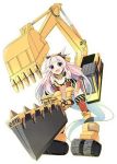  1girl :d artist_request ass bare_shoulders blue_hair bracer breasts caterpillar_tracks caution_tape cleavage drag_shovel_(ole_tower) excavator fang full_body gauntlets gradient_hair headgear holding holding_weapon huge_weapon leaning leaning_forward long_hair looking_at_viewer machinery mini_excavator_(ole_tower) multicolored_hair official_art ole_tower open_mouth orange_legwear panties pink_eyes pink_hair smile solo striped tail thigh-highs transparent_background underwear very_long_hair weapon white_panties 
