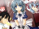  1boy 2girls admiral_(kantai_collection) black_hair blue_eyes blue_hair bow braid commentary_request gomasamune hair_bow hat hat_bow izayoi_sakuya kantai_collection maid_headdress multiple_girls remilia_scarlet spit_take spitting touhou translation_request twin_braids wrist_cuffs 