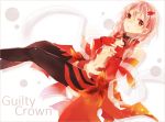  1girl bare_shoulders black_legwear breasts center_opening cleavage detached_sleeves elbow_gloves erurun39 fingerless_gloves gloves guilty_crown hair_ornament hairclip interlocked_fingers long_hair looking_at_viewer navel open_mouth pink_hair red_eyes solo thigh-highs twintails yuzuriha_inori 
