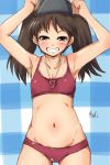  1girl 4shi armpits bikini brown_eyes brown_hair flat_chest grin headgear highres jewelry kantai_collection long_hair navel necklace ryuujou_(kantai_collection) smile solo swimsuit twintails 