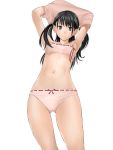  1girl armpits arms_up black_hair bra cowboy_shot flat_chest highres hitori_(htr_t) long_coat looking_at_viewer navel original panties pink_bra pink_panties solo training_bra two_side_up underwear undressing white_background 